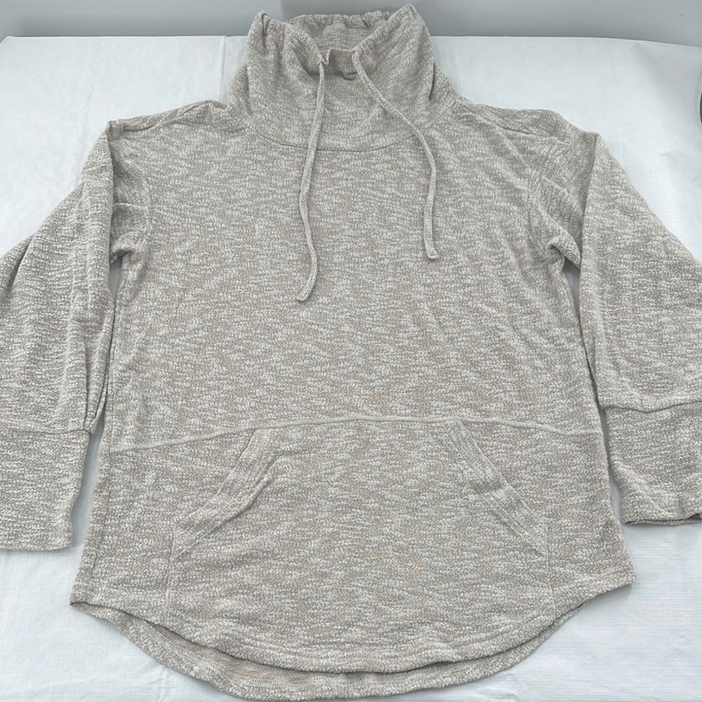 Prana Top W Medium Tan White Pullover Drawstring Cowl Neck Sweatshirt Lightweigt